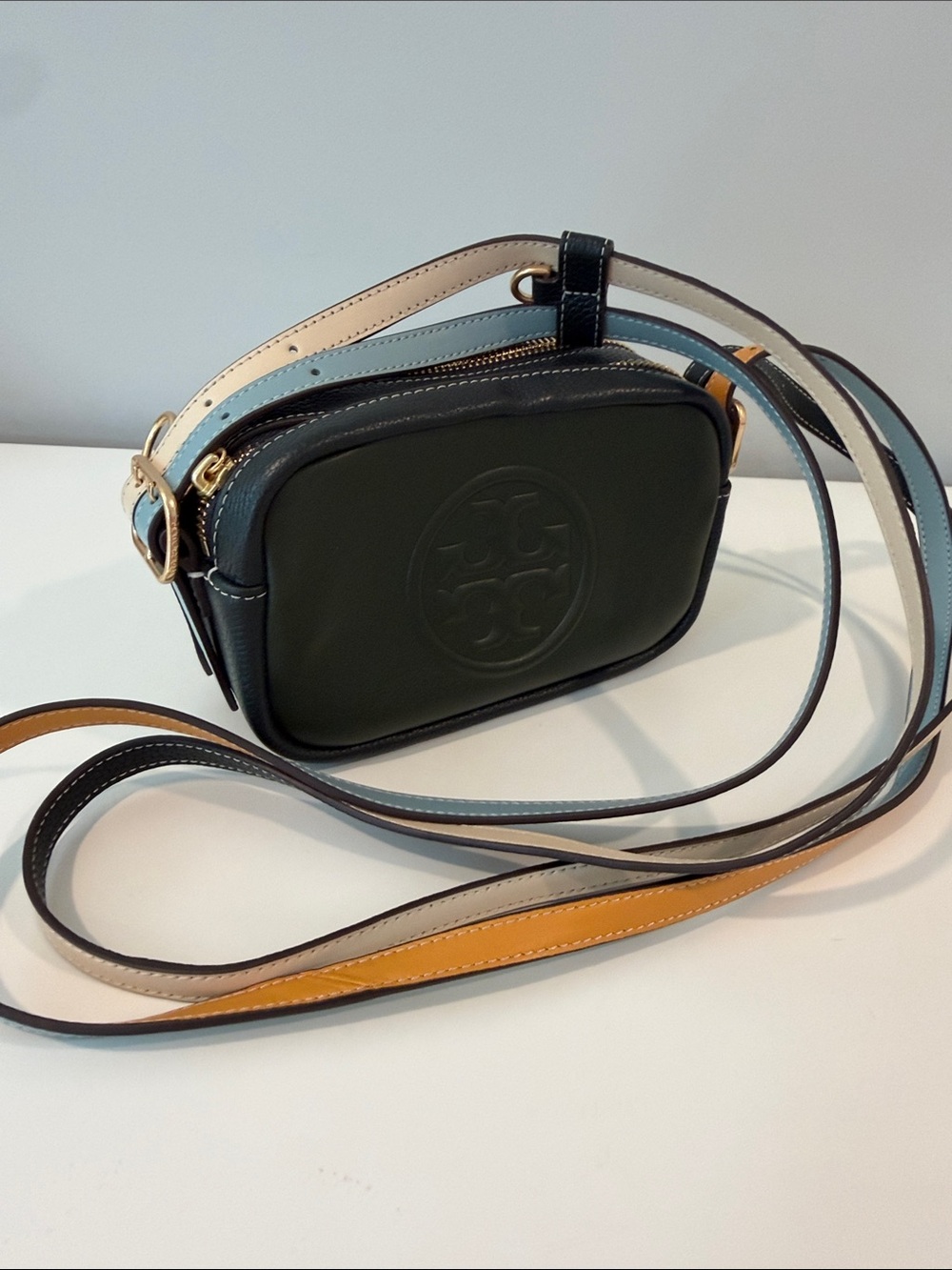 Tory Burch Olive Pebbled Camera Crossbody with Multi-Strip Strap